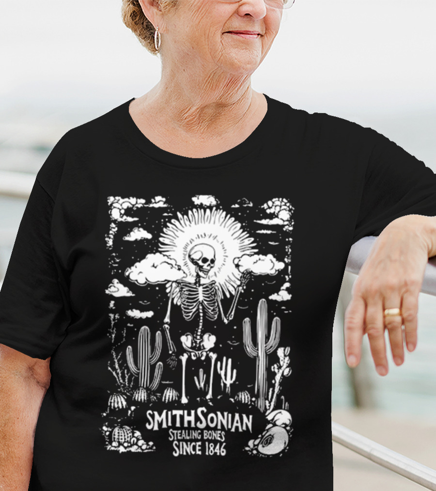 Smithsonian Stealing Bones Since 1846 Desert Skeleton Cactus Scene T-Shirt