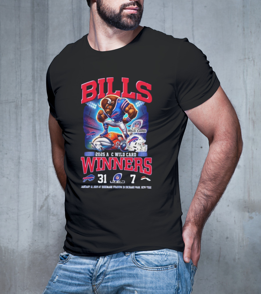 Buffalo Bills 2025 AFC Wild Card Winner Beat Denver Broncos 31-7 Mascot T-Shirt