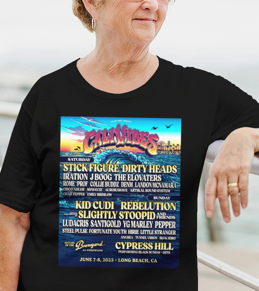 Cali Vibes June 7 8 2025 Long Beach CA Saturday Stick Figure Dirty Heads Sunday Kid Cudi Rebelution Slightly Stoopid T-Shirt