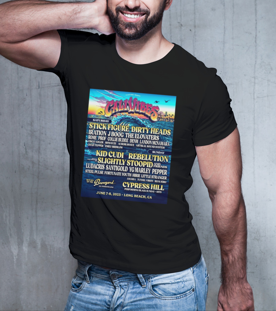 Cali Vibes June 7 8 2025 Long Beach CA Saturday Stick Figure Dirty Heads Sunday Kid Cudi Rebelution Slightly Stoopid T-Shirt
