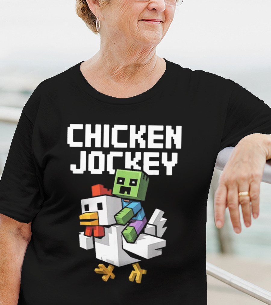CHICKEN JOCKEY Pixelated Green Zombie Riding White Chicken T-Shirt