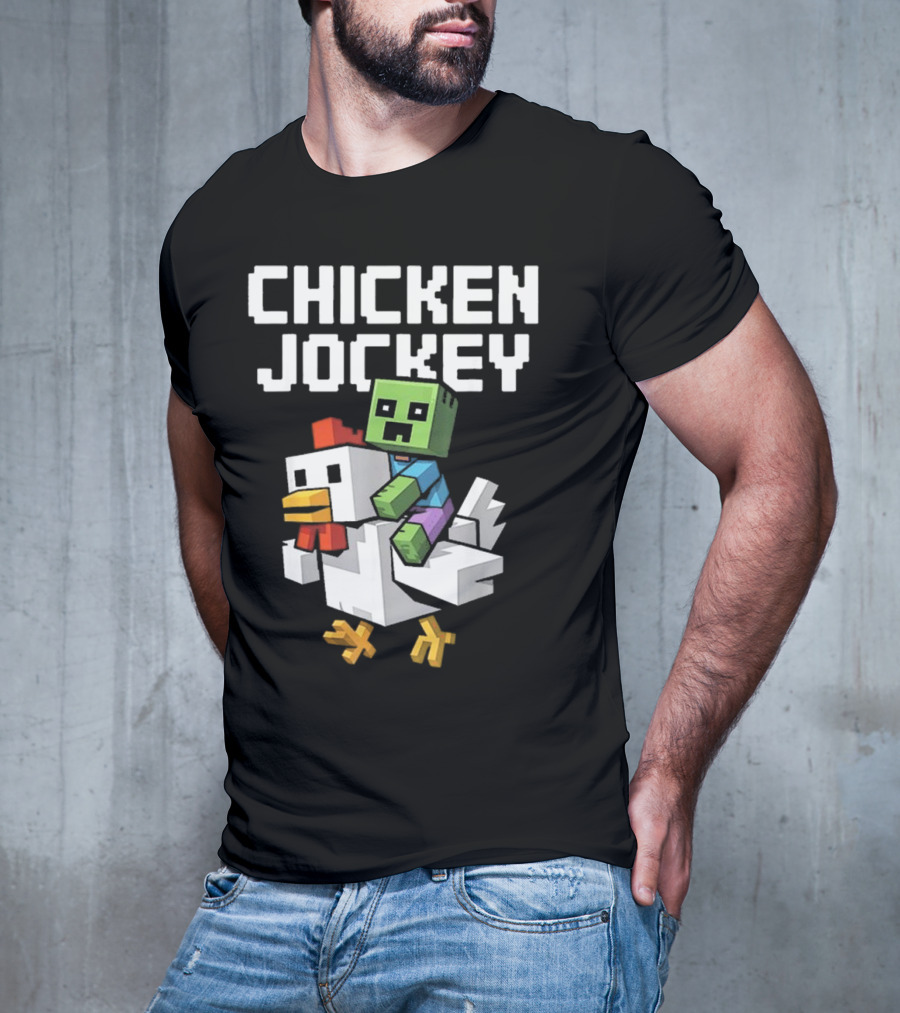 CHICKEN JOCKEY Pixelated Green Zombie Riding White Chicken T-Shirt