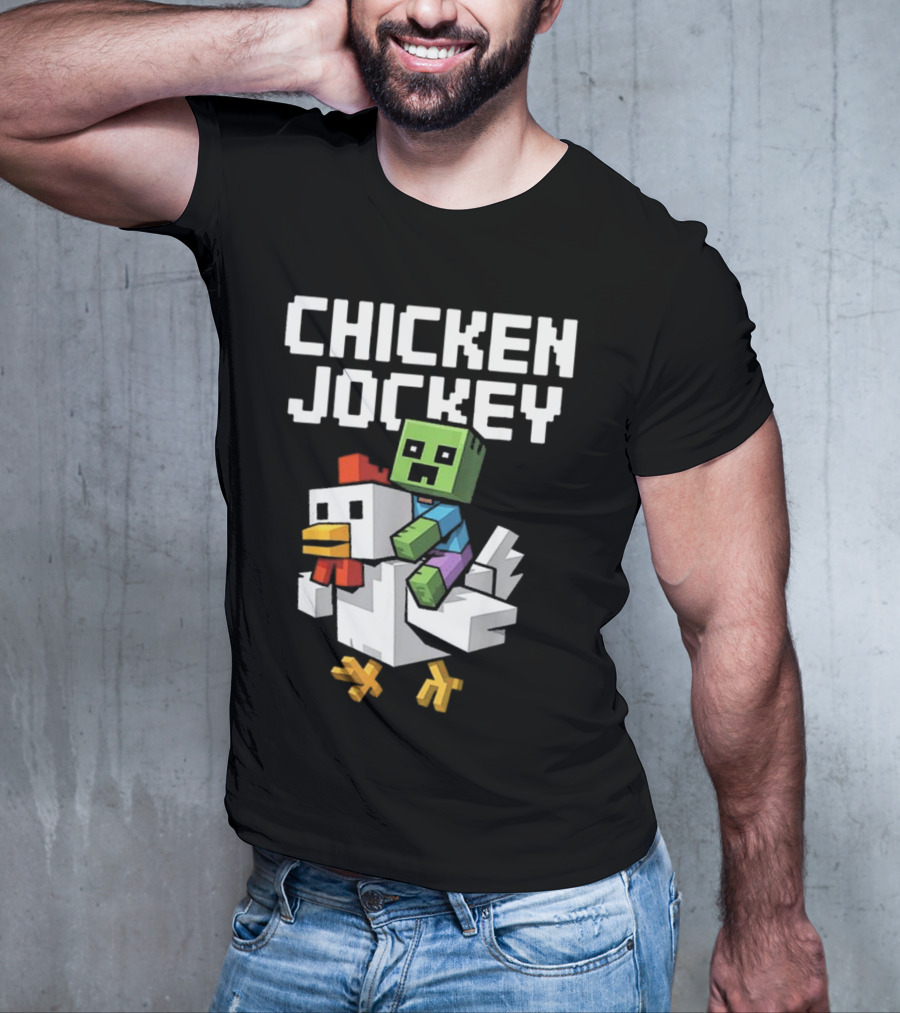 CHICKEN JOCKEY Pixelated Green Zombie Riding White Chicken T-Shirt