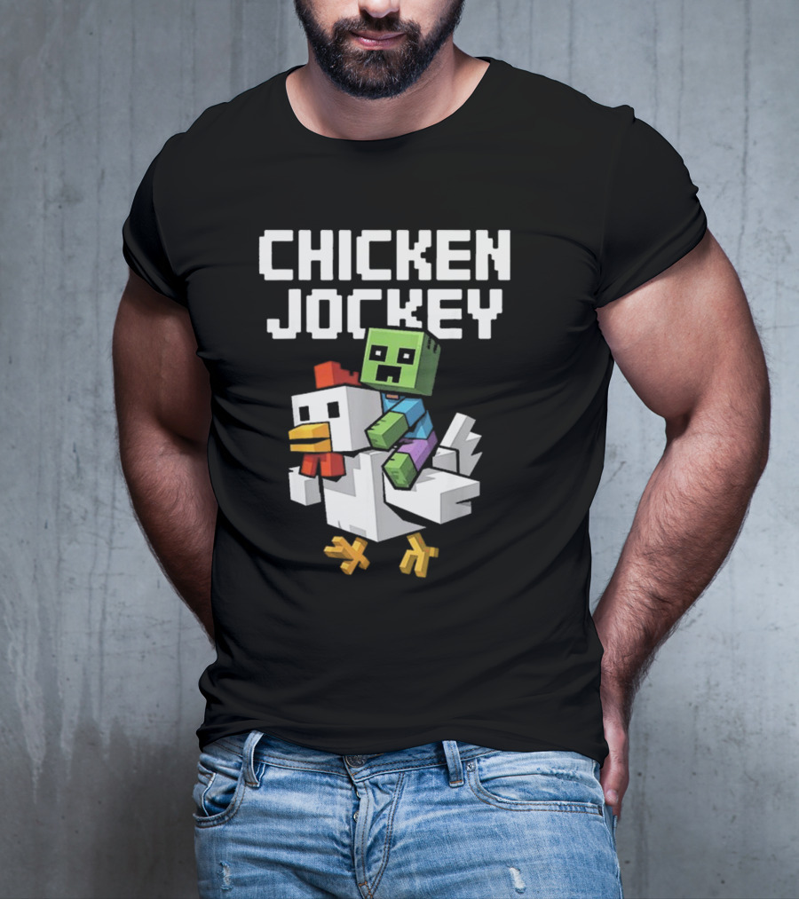 CHICKEN JOCKEY Pixelated Green Zombie Riding White Chicken T-Shirt