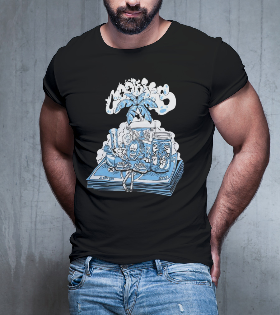 Cookiessf Laid Back Smoking Character With Money And Marijuana Elements T-Shirt