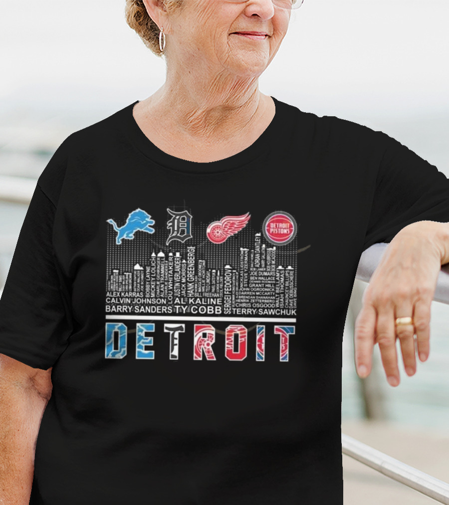 Detroit Lions X Detroit Tigers X Detroit Red Wings X Detroit Pistons Skyline 2025 T-Shirt