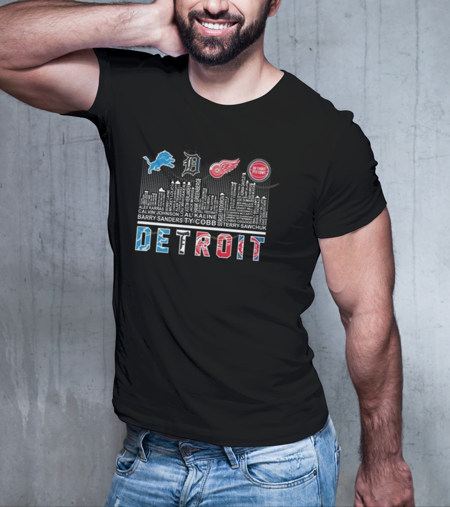 Detroit Lions X Detroit Tigers X Detroit Red Wings X Detroit Pistons Skyline 2025 T-Shirt