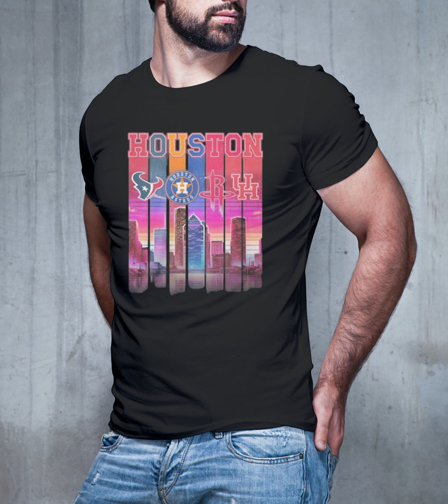Houston Retro Skyline Texans Astros Rockets And Cougars T-Shirt