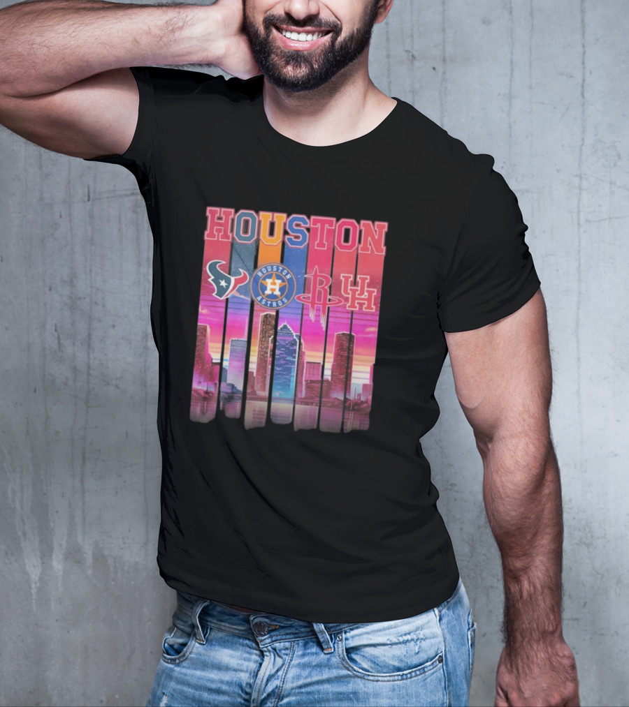 Houston Retro Skyline Texans Astros Rockets And Cougars T-Shirt