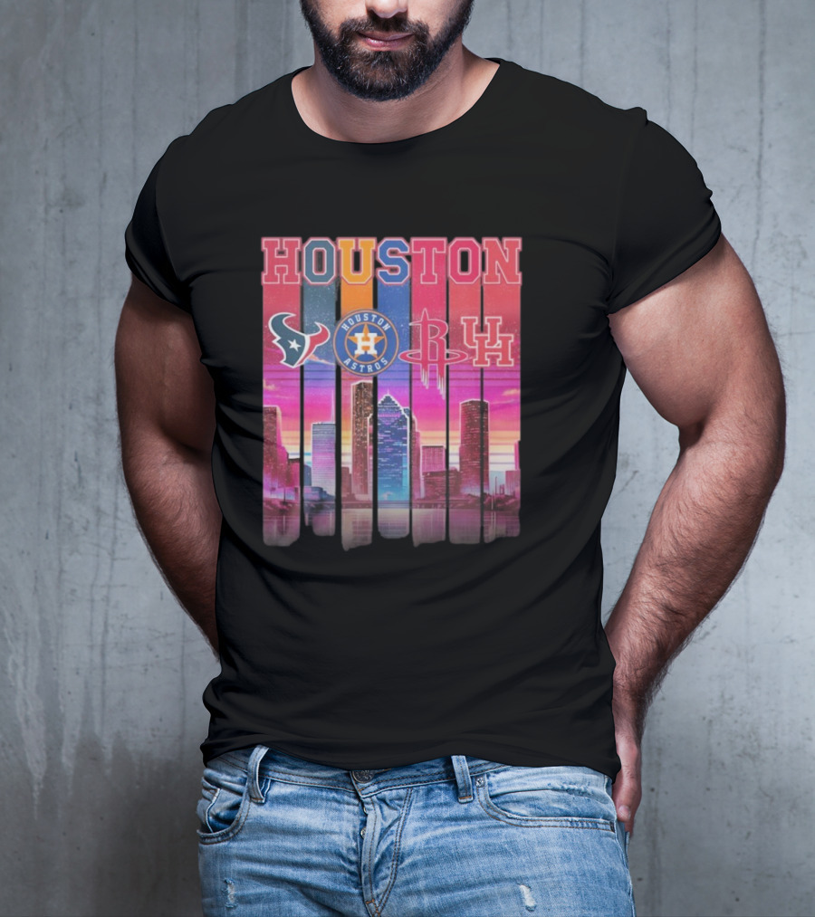 Houston Retro Skyline Texans Astros Rockets And Cougars T-Shirt