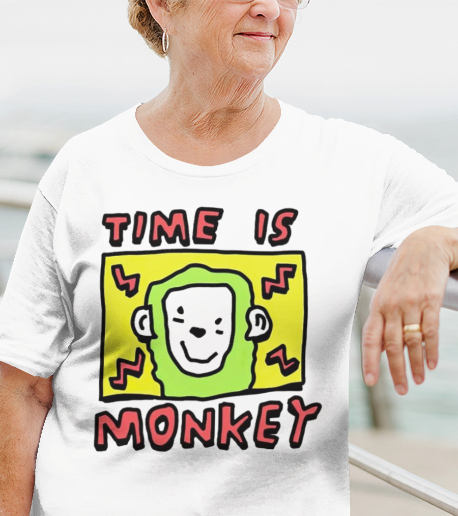 Time Is Monkey Green Highlighted Cartoon Face With Zigzag Lines T-Shirt