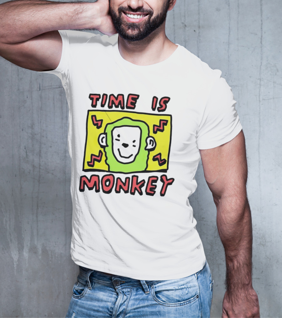 Time Is Monkey Green Highlighted Cartoon Face With Zigzag Lines T-Shirt