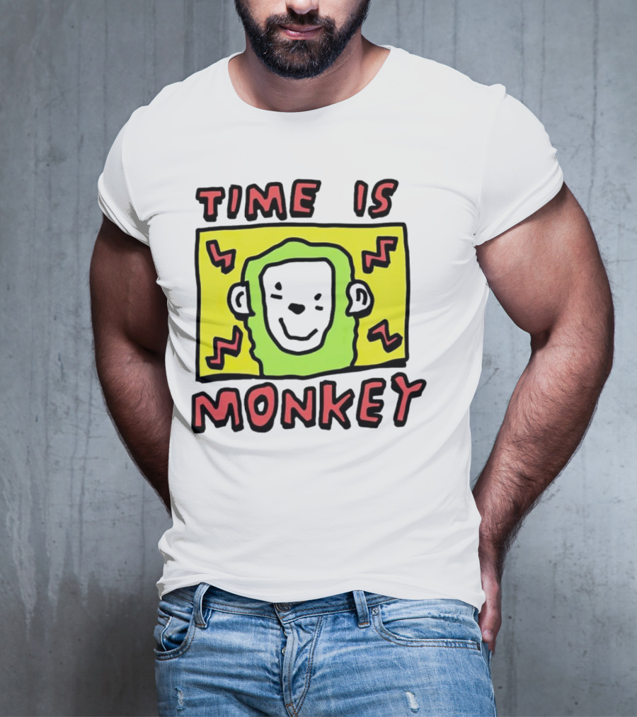 Time Is Monkey Green Highlighted Cartoon Face With Zigzag Lines T-Shirt