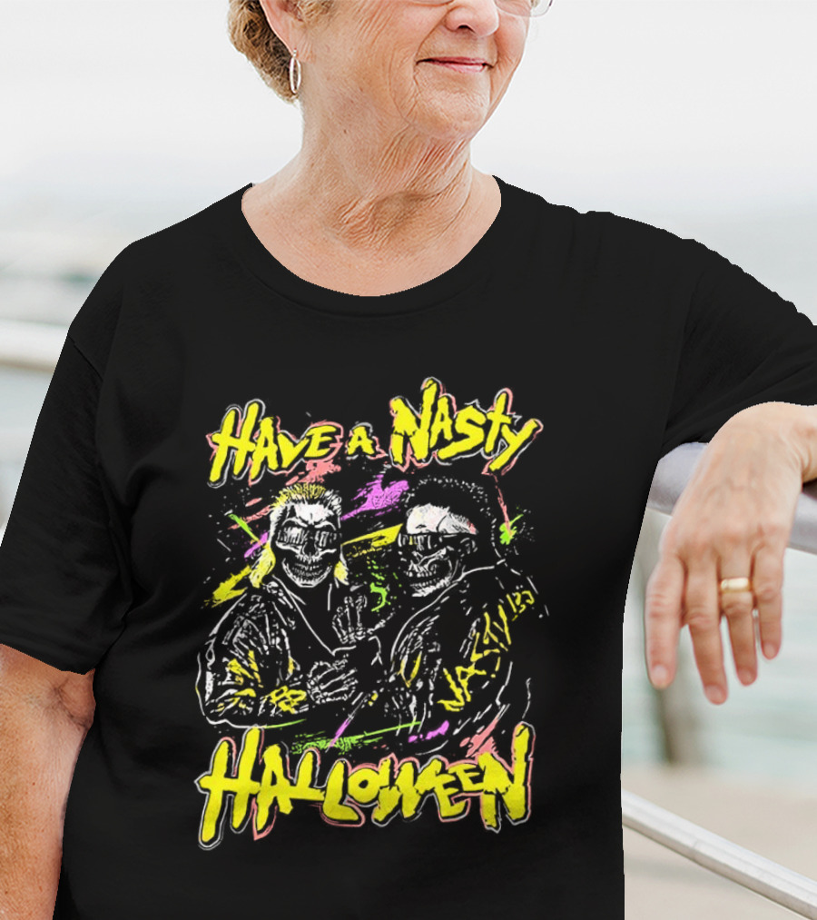 Have A Nasty Halloween Skeleton Warriors Vibrant Neon T-Shirt