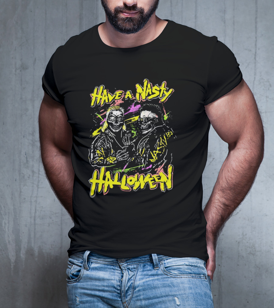 Have A Nasty Halloween Skeleton Warriors Vibrant Neon T-Shirt