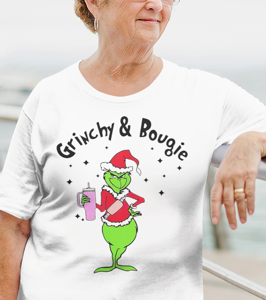 Grinchy And Bougie Santa With Pink Tumbler T-Shirt