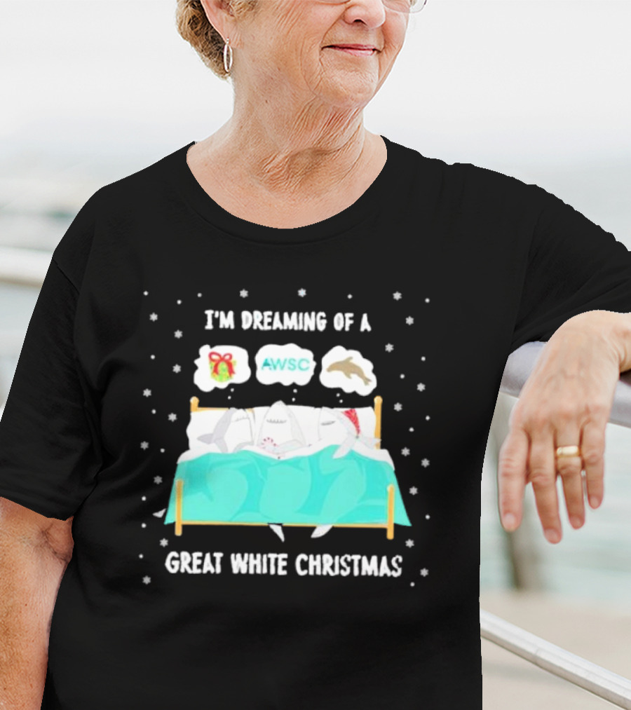 I'm Dreaming Of A Great White Christmas AWSC Shark In Bed With Snowflakes T-Shirt