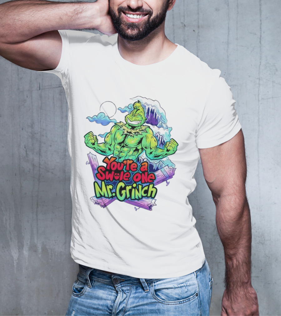 You’re A Swole One Mr Grinch Fitness Muskula Green Character With Frosted Mountain Background T-Shirt