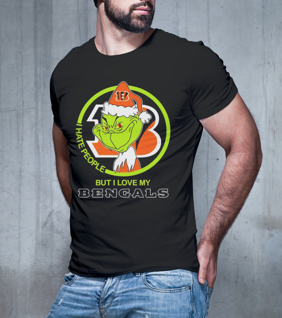 Grinch Santa Hat I Hate People But I Love My Bengals Football Fan T-Shirt