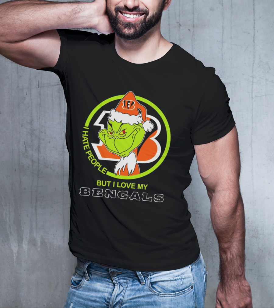 Grinch Santa Hat I Hate People But I Love My Bengals Football Fan T-Shirt