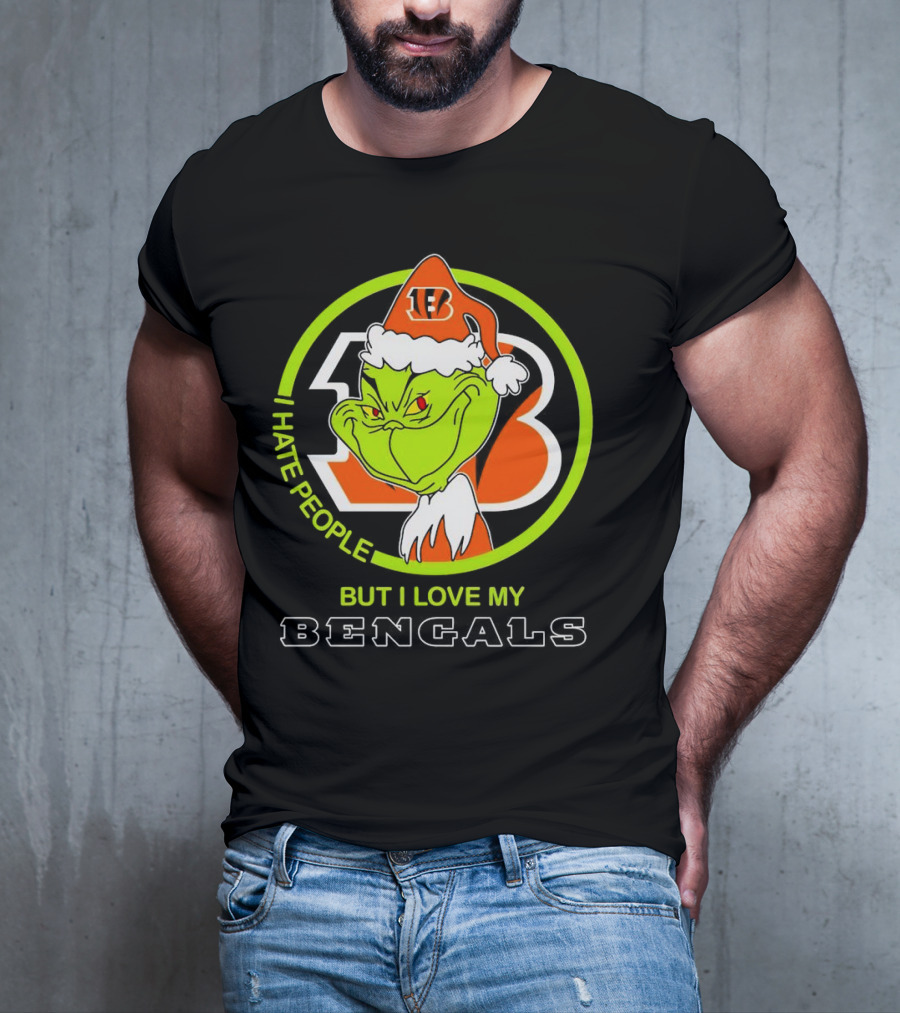 Grinch Santa Hat I Hate People But I Love My Bengals Football Fan T-Shirt