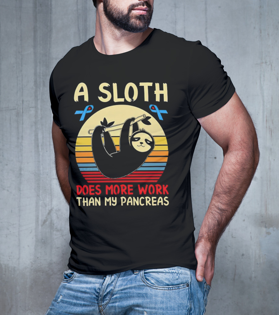 A Sloth Does More Work Than My Pancreas Vintage Style With Blue Diabetes Awareness Ribbons T-Shirt