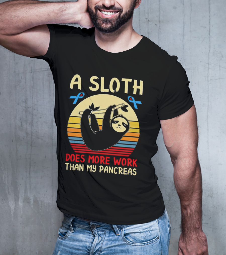 A Sloth Does More Work Than My Pancreas Vintage Style With Blue Diabetes Awareness Ribbons T-Shirt