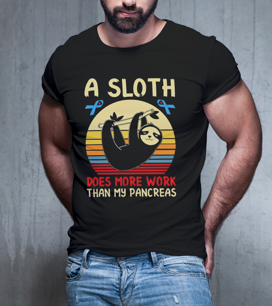 A Sloth Does More Work Than My Pancreas Vintage Style With Blue Diabetes Awareness Ribbons T-Shirt