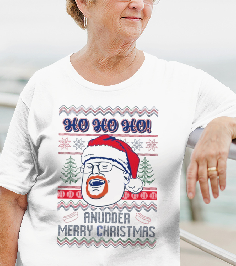 HO HO HO Anudder Merry Christmas Ugly Santa Beard Trees Snowflakes Sausages T-Shirt