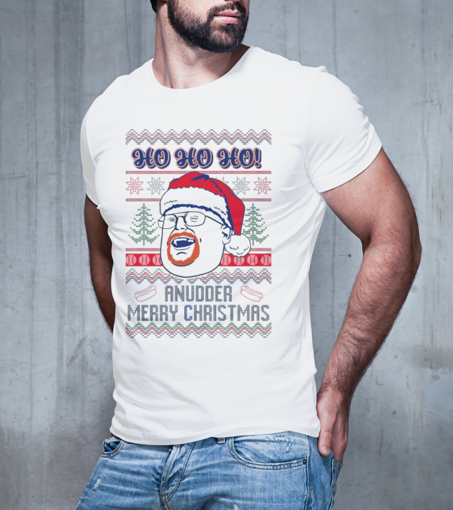 HO HO HO Anudder Merry Christmas Ugly Santa Beard Trees Snowflakes Sausages T-Shirt