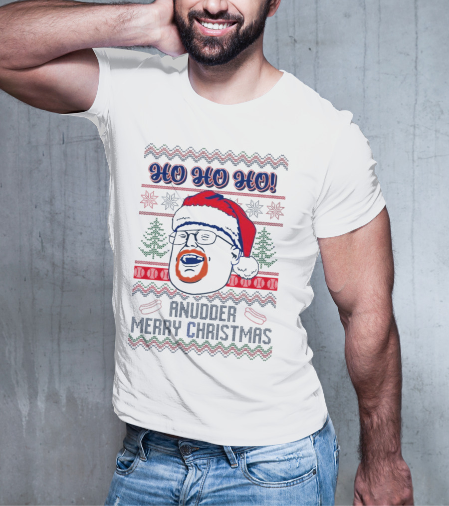 HO HO HO Anudder Merry Christmas Ugly Santa Beard Trees Snowflakes Sausages T-Shirt