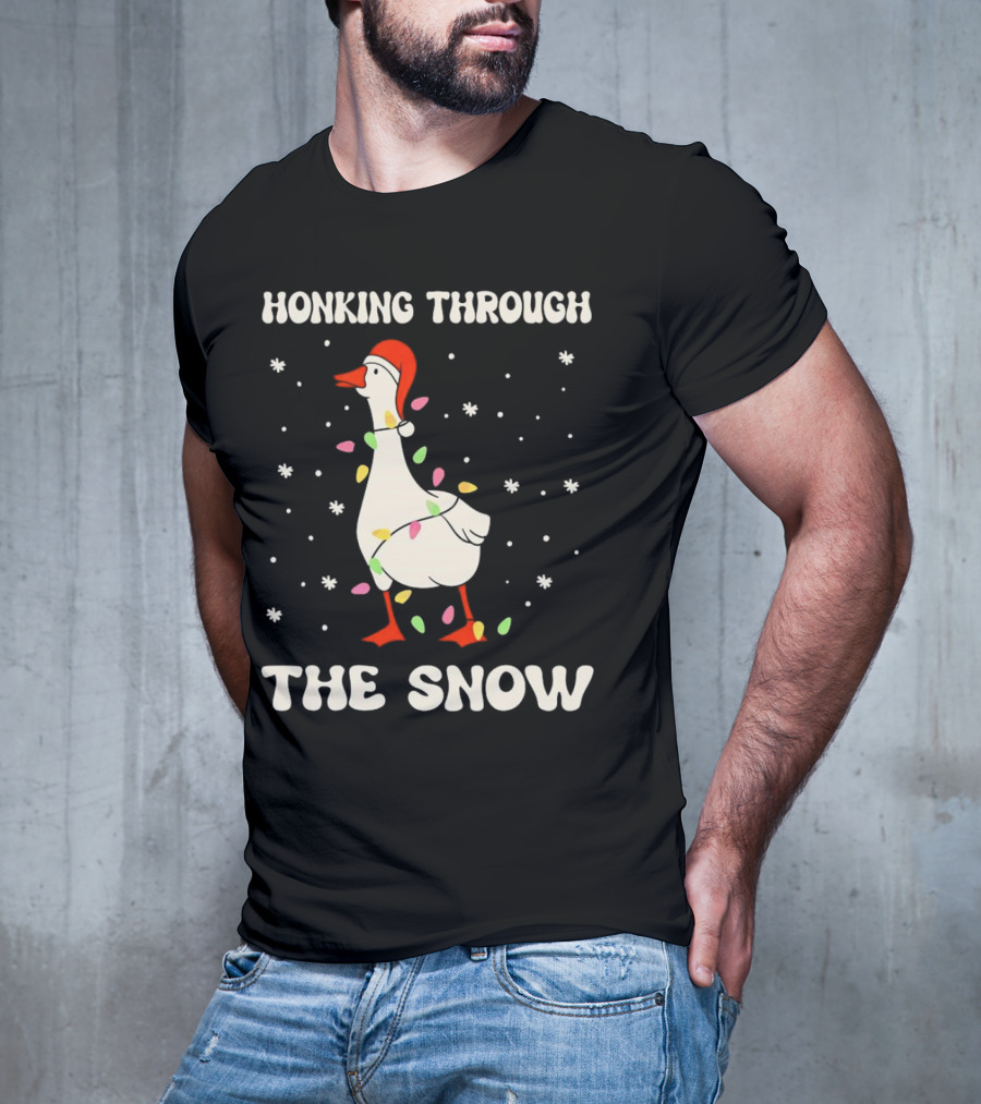 Honking Through The Snow Goose Wrapped In Christmas Lights T-Shirt