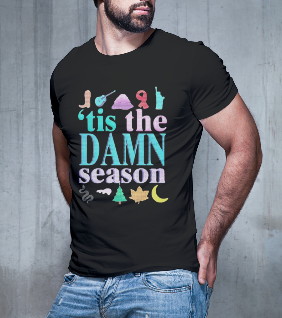 Tis The Damn Season Christmas Cowboy Boot Guitar Tree Moon T-Shirt