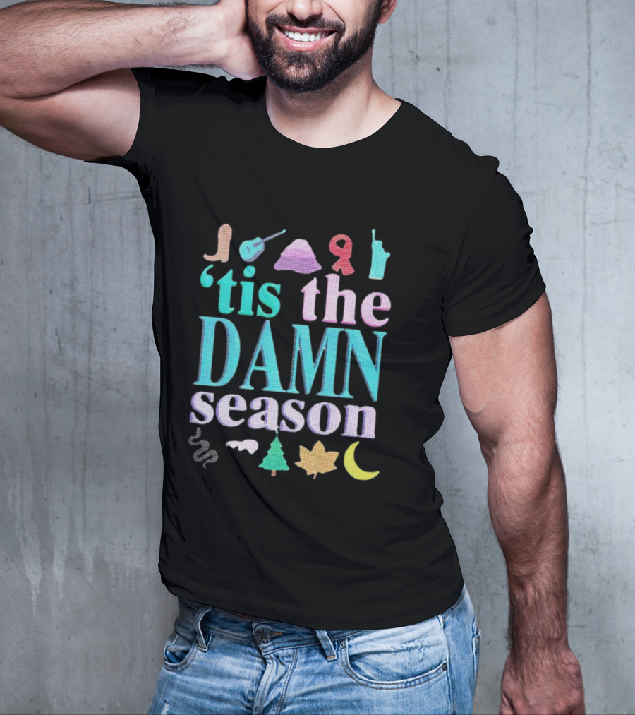 Tis The Damn Season Christmas Cowboy Boot Guitar Tree Moon T-Shirt