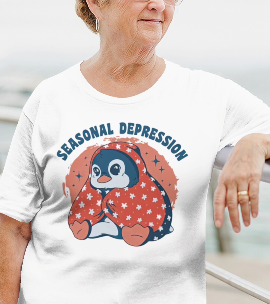 Seasonal Depression Penguin In Cozy Blanket With Stars And Flowers T-Shirt
