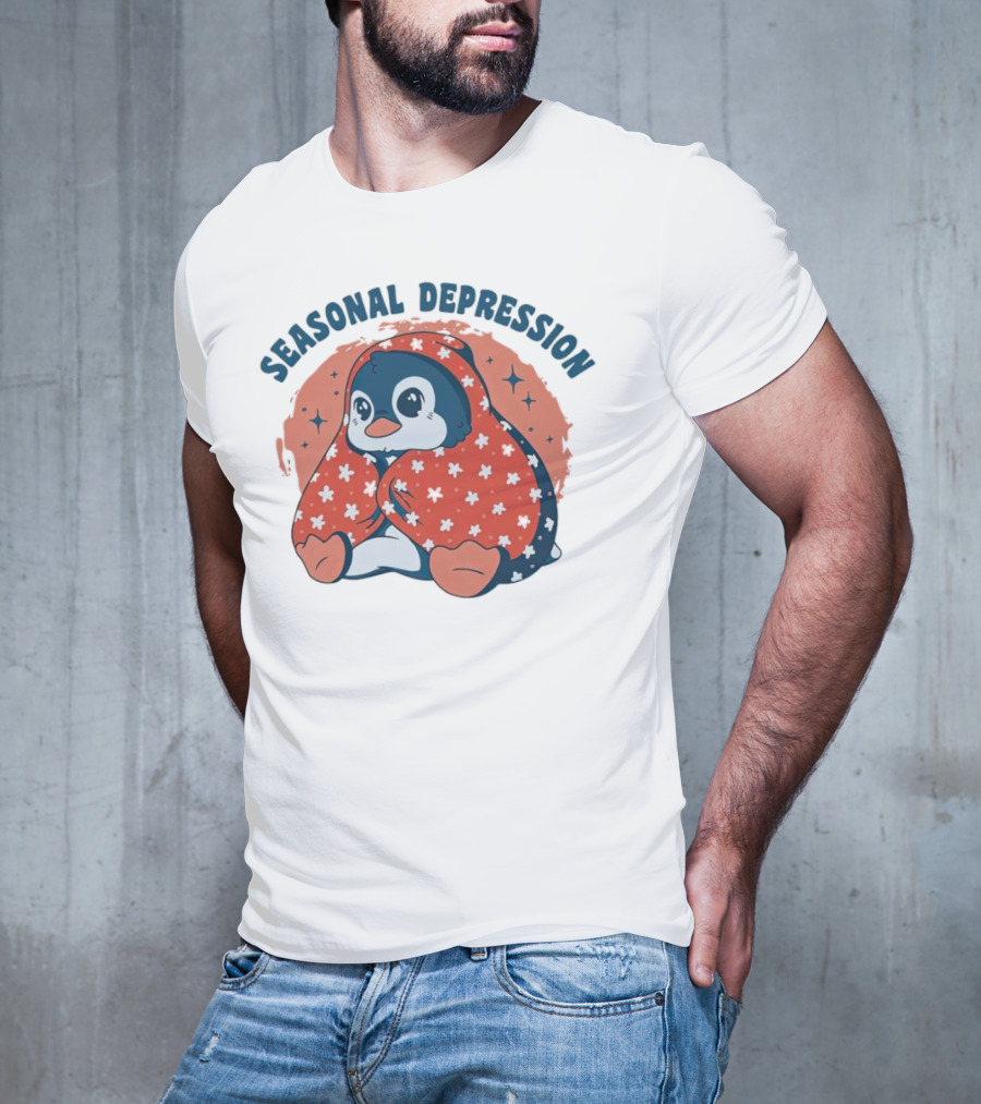 Seasonal Depression Penguin In Cozy Blanket With Stars And Flowers T-Shirt