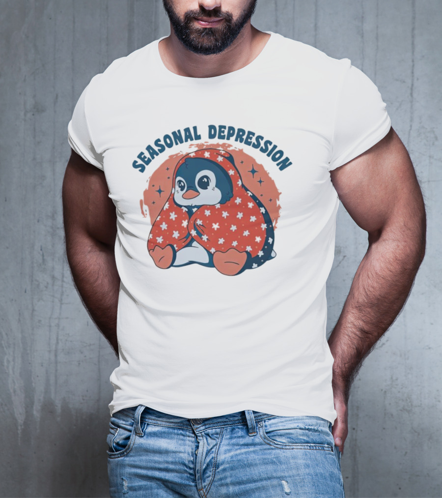 Seasonal Depression Penguin In Cozy Blanket With Stars And Flowers T-Shirt