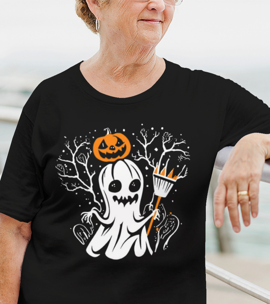 Pumpkin King Halloween Ghost With Broomstick T-Shirt