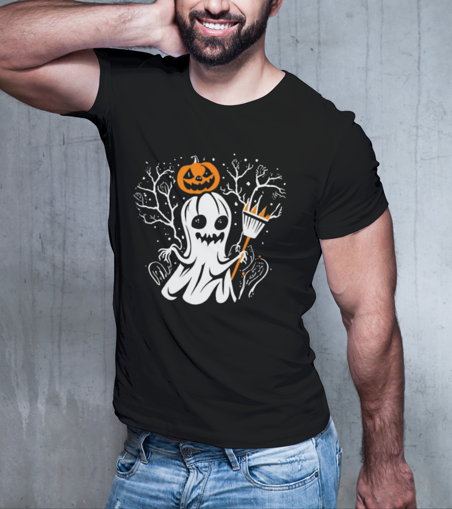 Pumpkin King Halloween Ghost With Broomstick T-Shirt