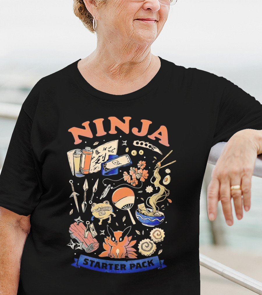 Ninja Starter Pack Kunai Scrolls Shuriken Ramen Chopsticks Anime Fox Pokeball T-Shirt