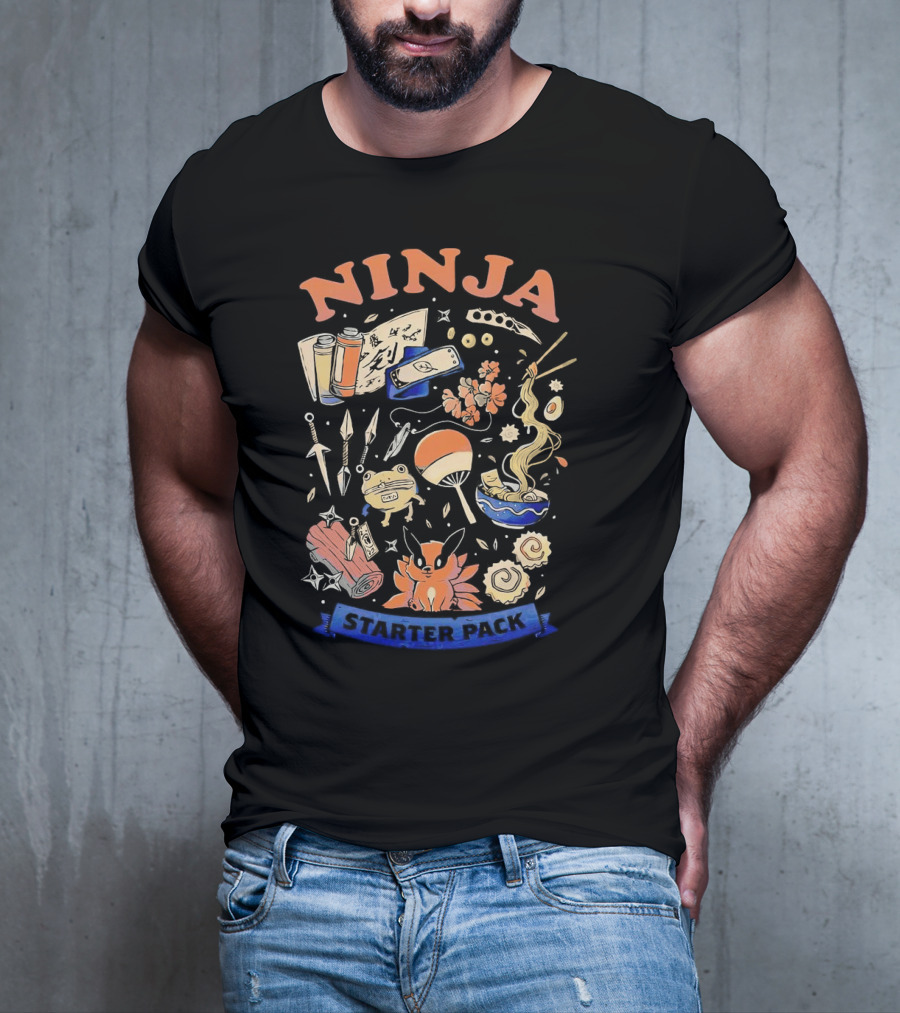 Ninja Starter Pack Kunai Scrolls Shuriken Ramen Chopsticks Anime Fox Pokeball T-Shirt