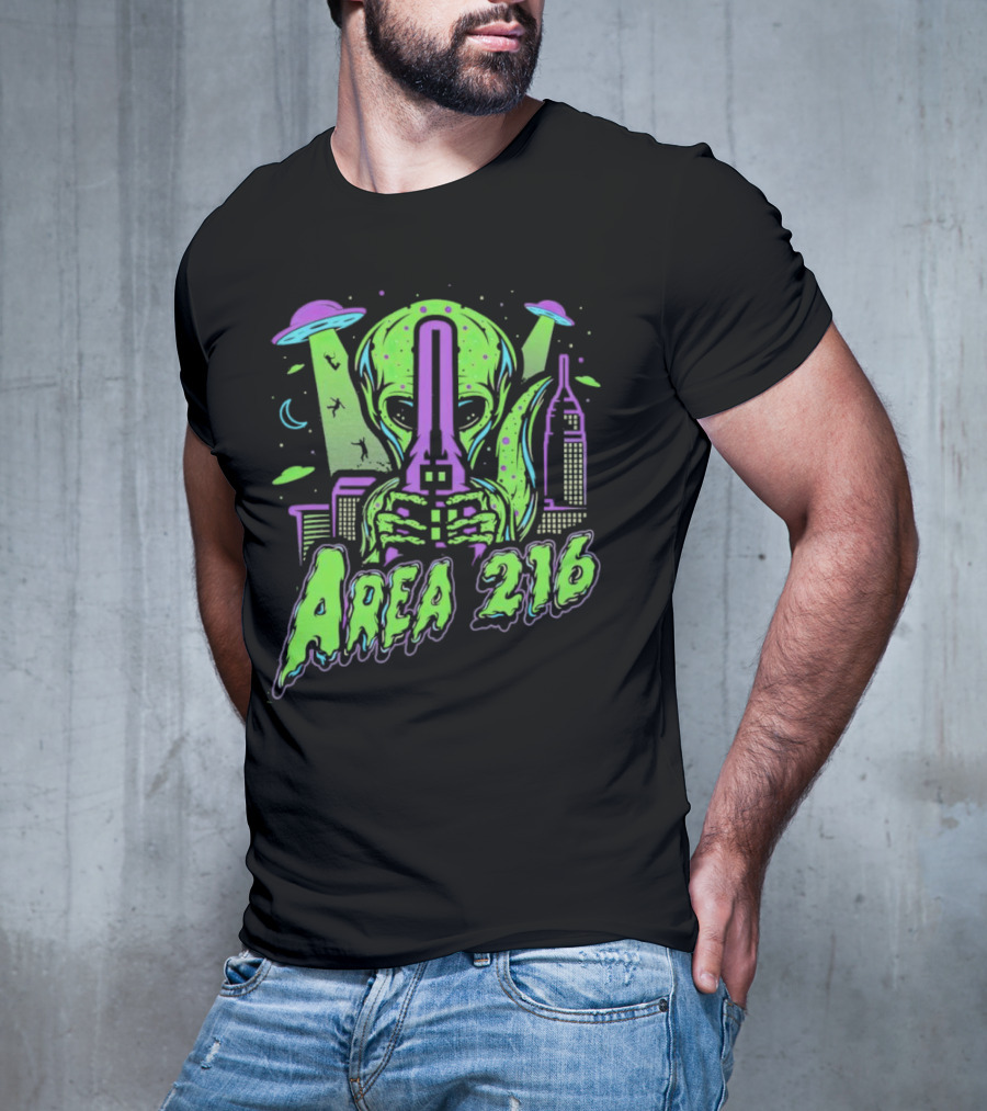 Area 216 Alien UFO City Skyline Neon T-Shirt