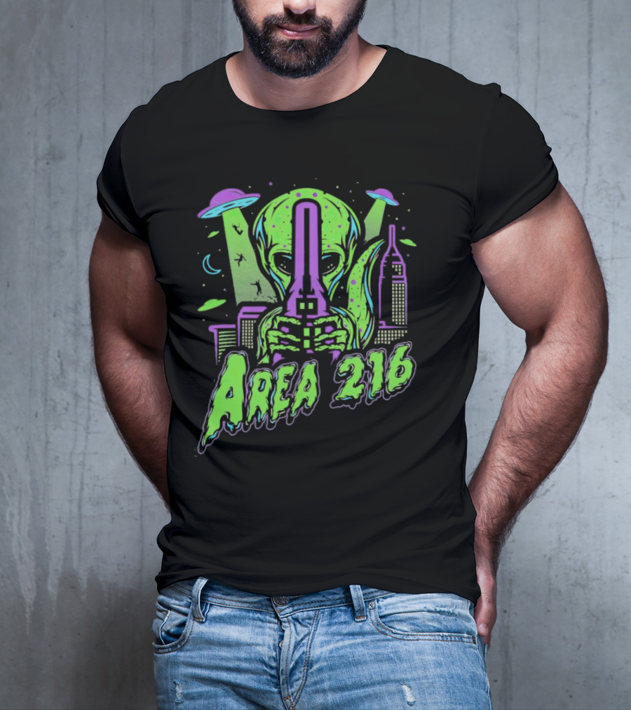 Area 216 Alien UFO City Skyline Neon T-Shirt