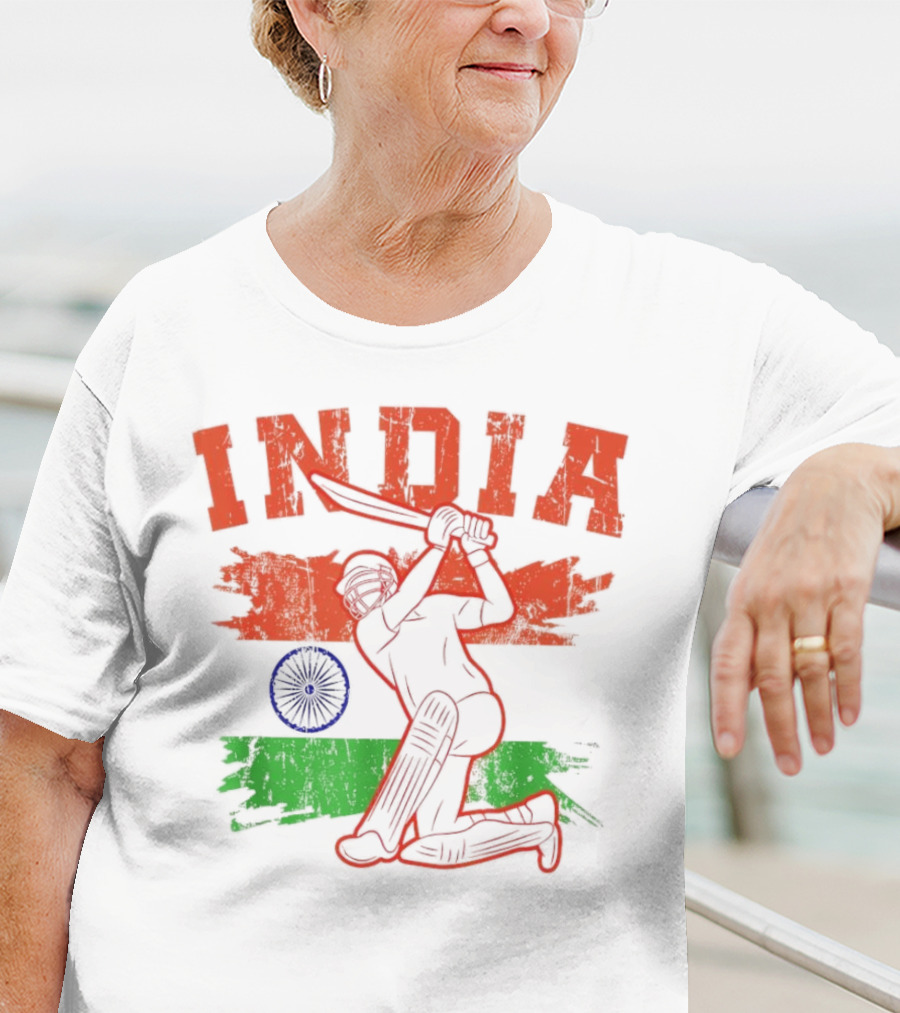 India Cricket Enthusiasts Batting Action With Ashoka Chakra T-Shirt