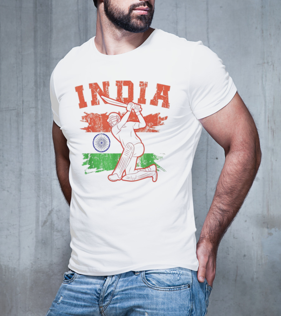 India Cricket Enthusiasts Batting Action With Ashoka Chakra T-Shirt