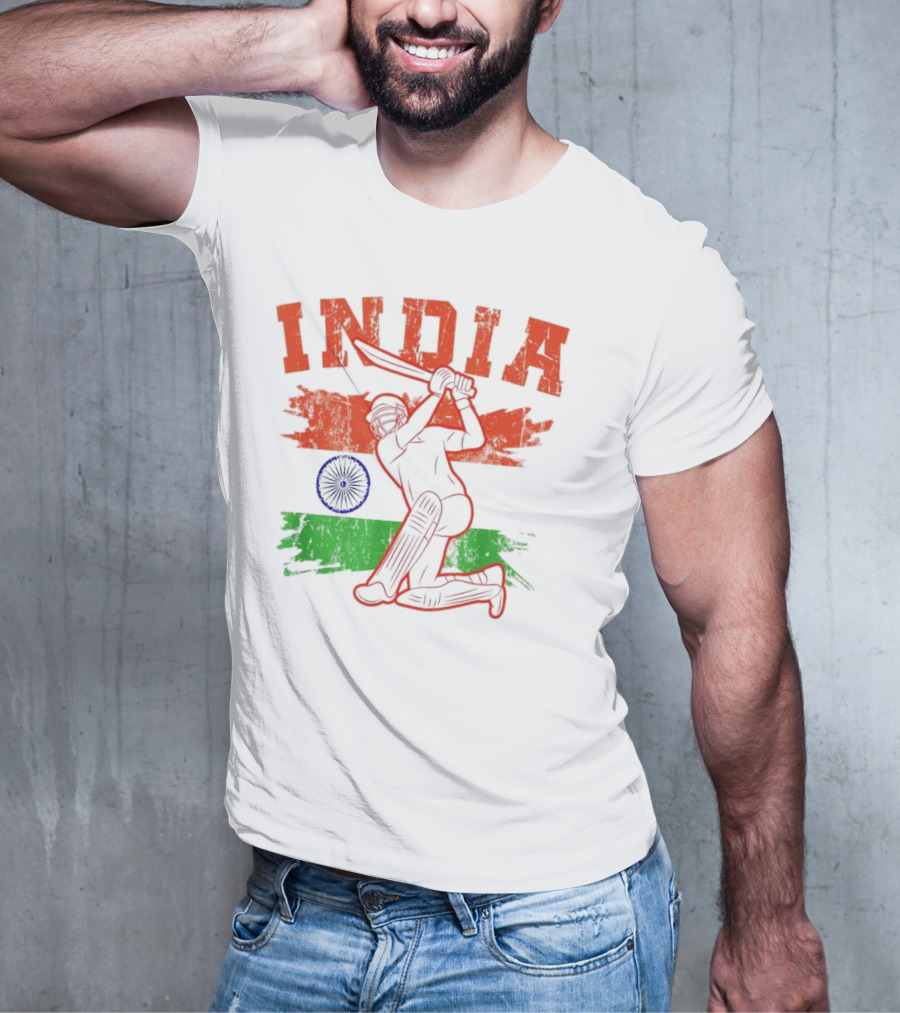 India Cricket Enthusiasts Batting Action With Ashoka Chakra T-Shirt