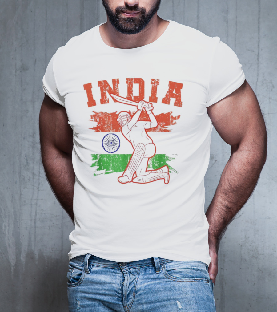 India Cricket Enthusiasts Batting Action With Ashoka Chakra T-Shirt