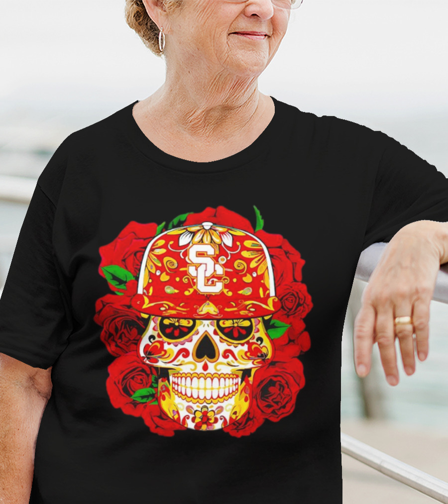 USC Sugar Skull With Roses And Cap T-Shirt