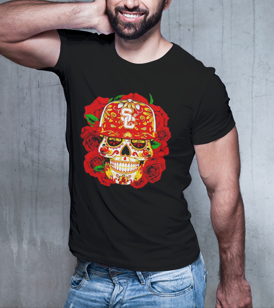USC Sugar Skull With Roses And Cap T-Shirt