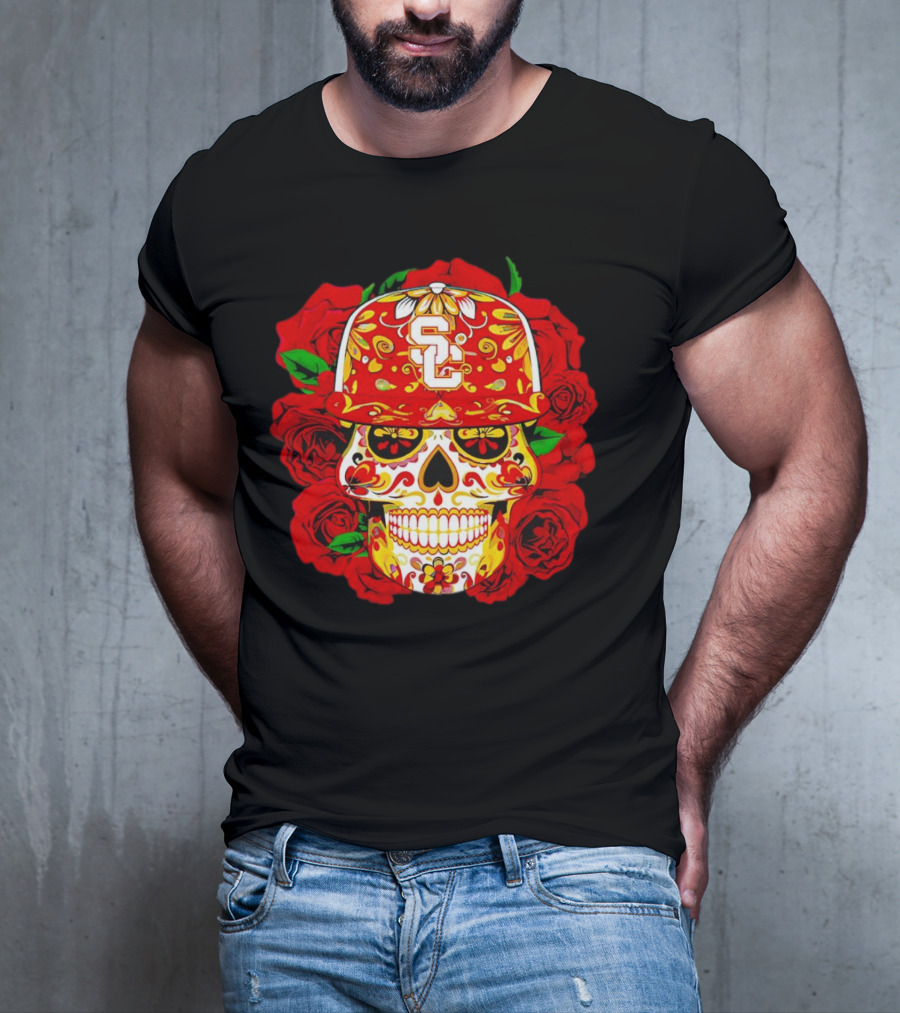 USC Sugar Skull With Roses And Cap T-Shirt